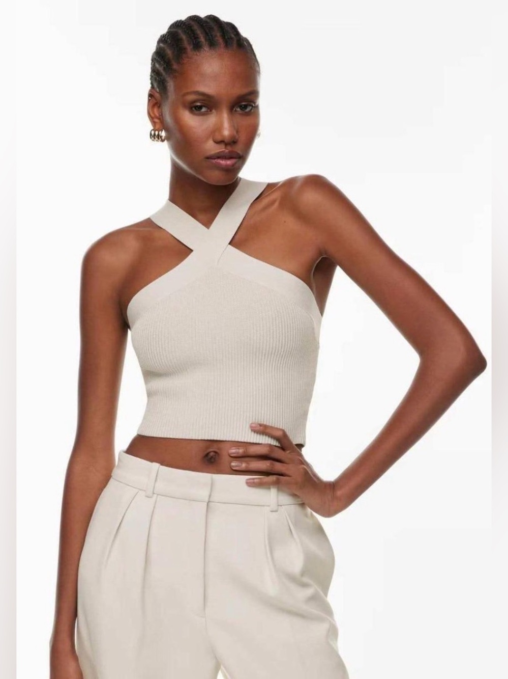Babaton x Aritzia Sleeveless Sculpt Knit Crisscross Top Ribbed Matte White Pear